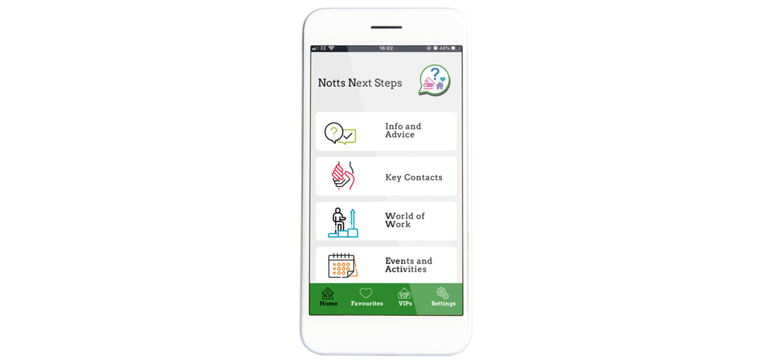 notts next steps app presented on a white mobile phone showing tabs named info and advice, key contacts, world of work, events and activities