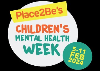 the logo for Place2Be and Childrens mental health week, a phone with some hearts and smiley faces coming out of it, in front of a picture of smiling children in the colour green