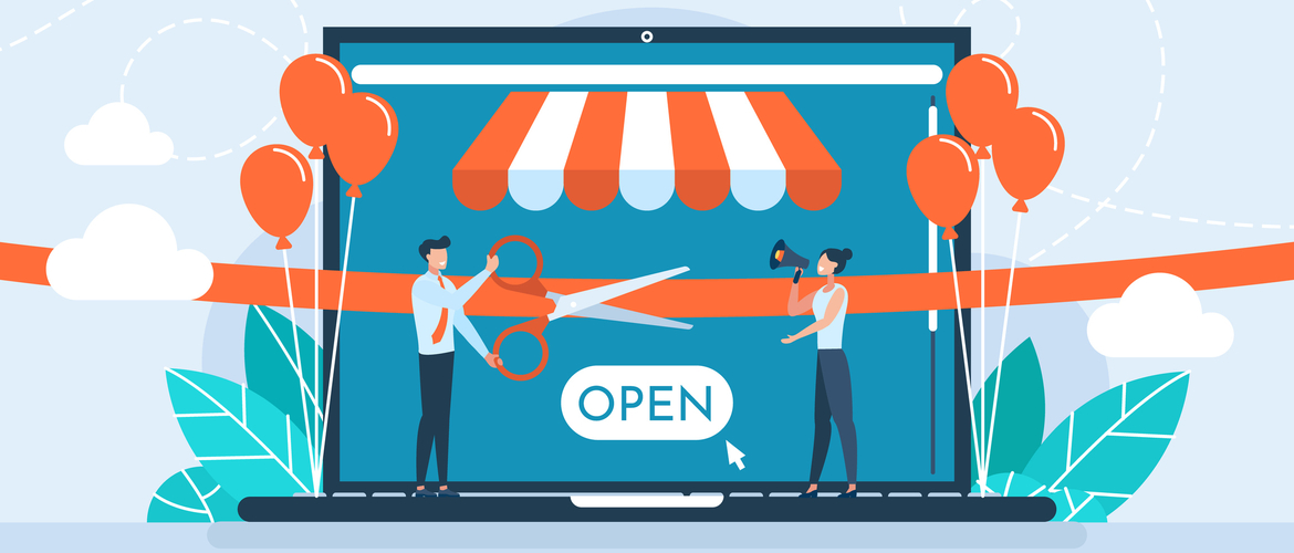Grand opening concept for new website. A businessperson holding scissors in his hand cuts a red ribbon. Vector flat illustration