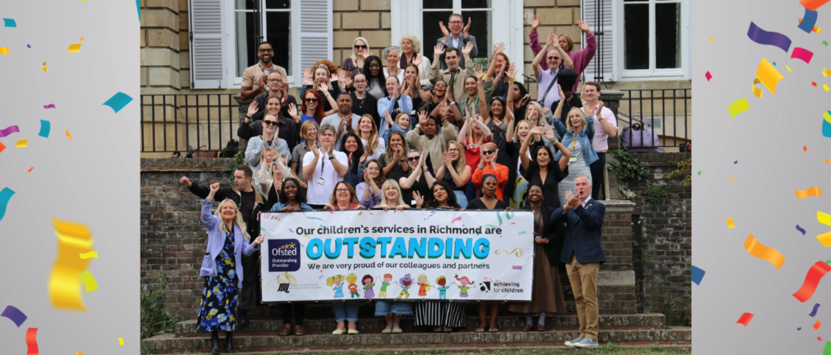 Achieving for Children staff celebrating Outstanding Ofsted rating