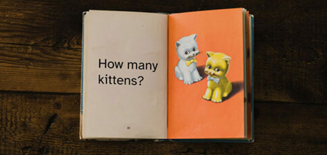 Vintage children's book with "How many kittens?" written on one page and two illustrated kittens on the other.