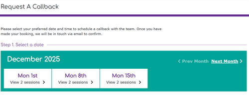 Picture of the call back website page