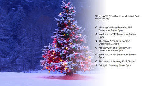 Christmas tree on a dark background with opening times listed on right of the document