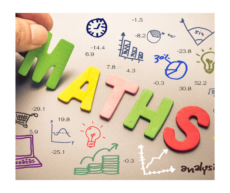 Shapes creating the word maths on a background showing various equations