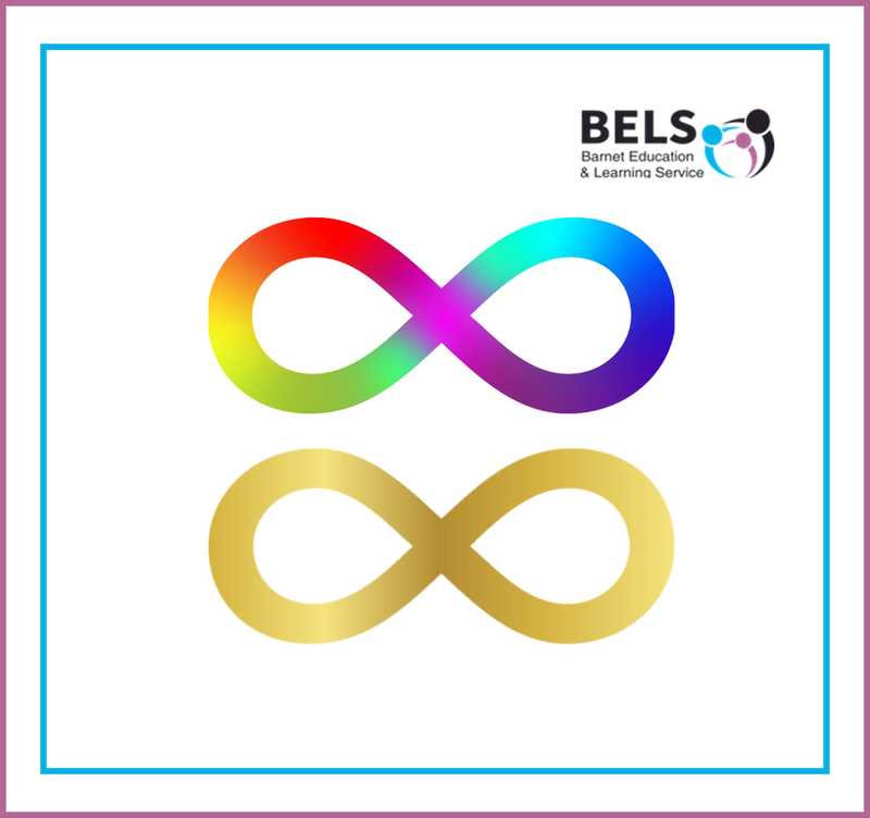 The rainbow infinity sign is the symbol for Neurodiversity. The gold infinity symbol represents Autistic Neurodivergent experience