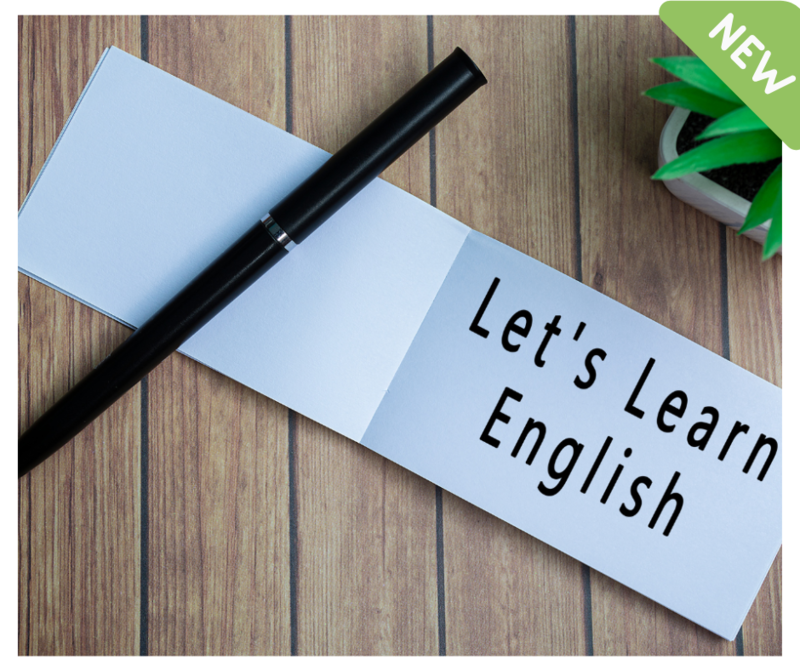 Let's Learn English typed on a card and a pen