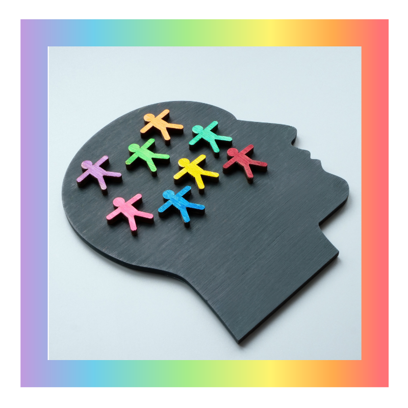 representation of a persons head with a number of smaller people contained within the brain