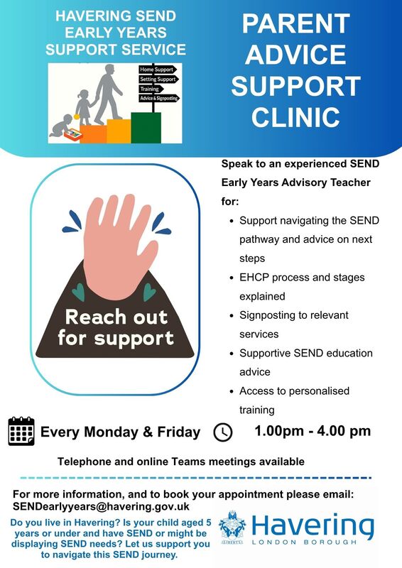 Early Years SEND parent advice support clinic flyer
