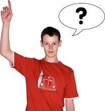 a young person with their hand up and a speech bubble with a question mark