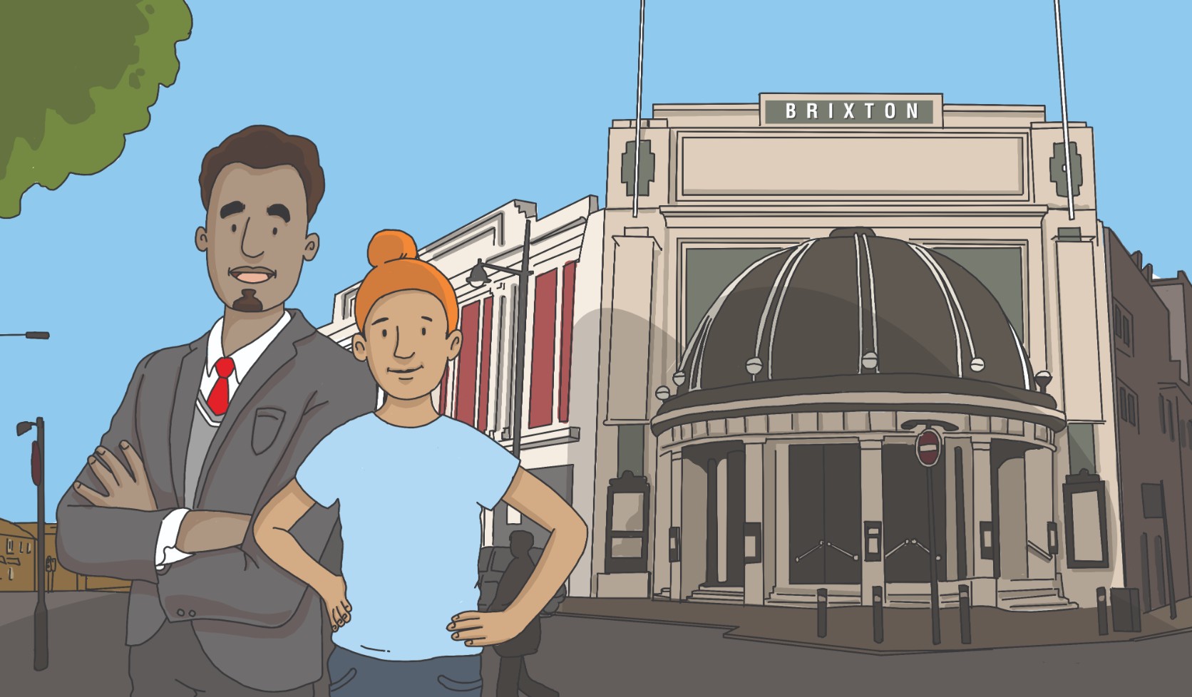 Two people standing in front of Brixton Academy