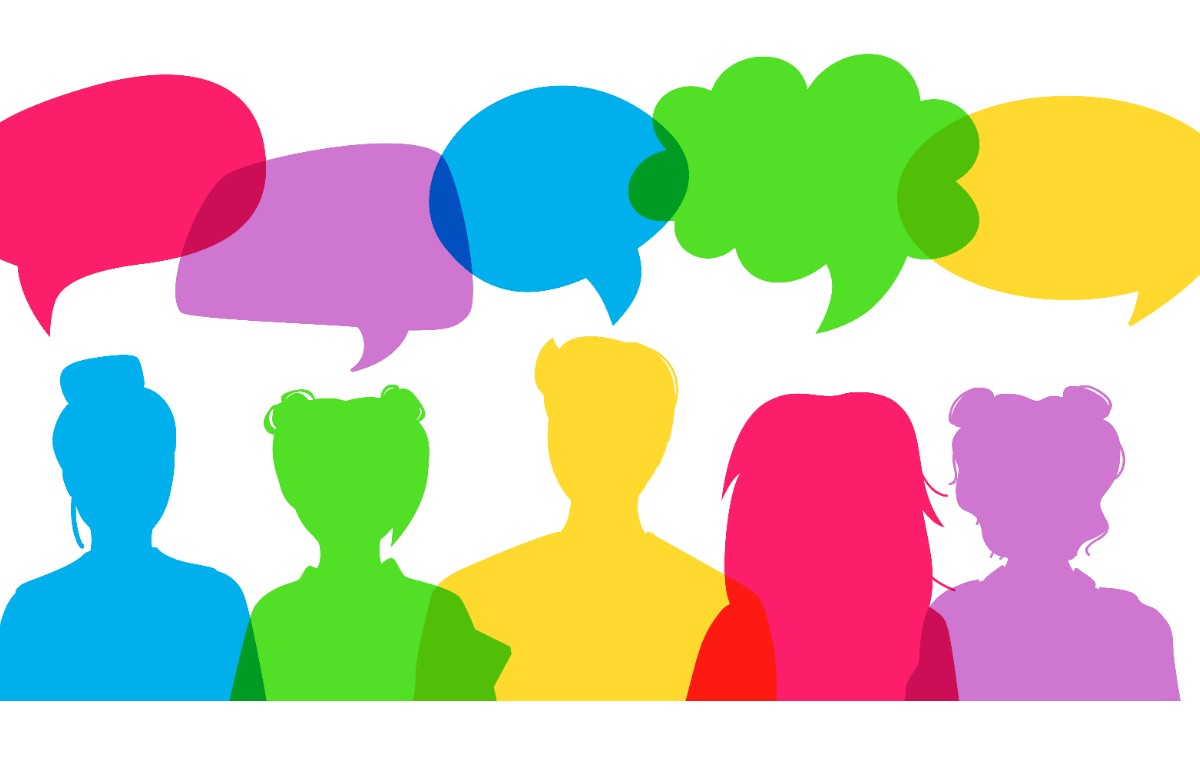 Group young people discussing with speech bubbles over heads