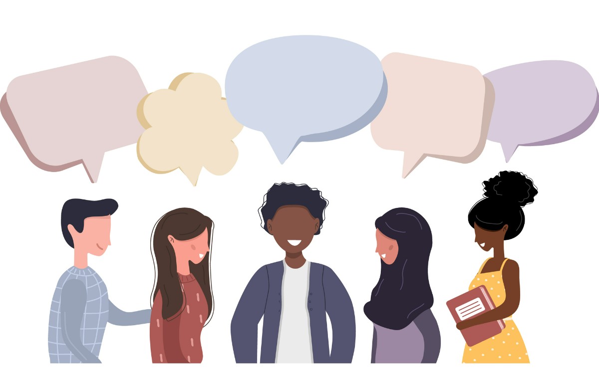 Friends chat with dialogue speech bubbles. Modern vector illustration in flat style