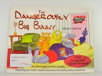 Book with cartoon overweight bunny laying down eating junk food, surrounded by friends giving advice