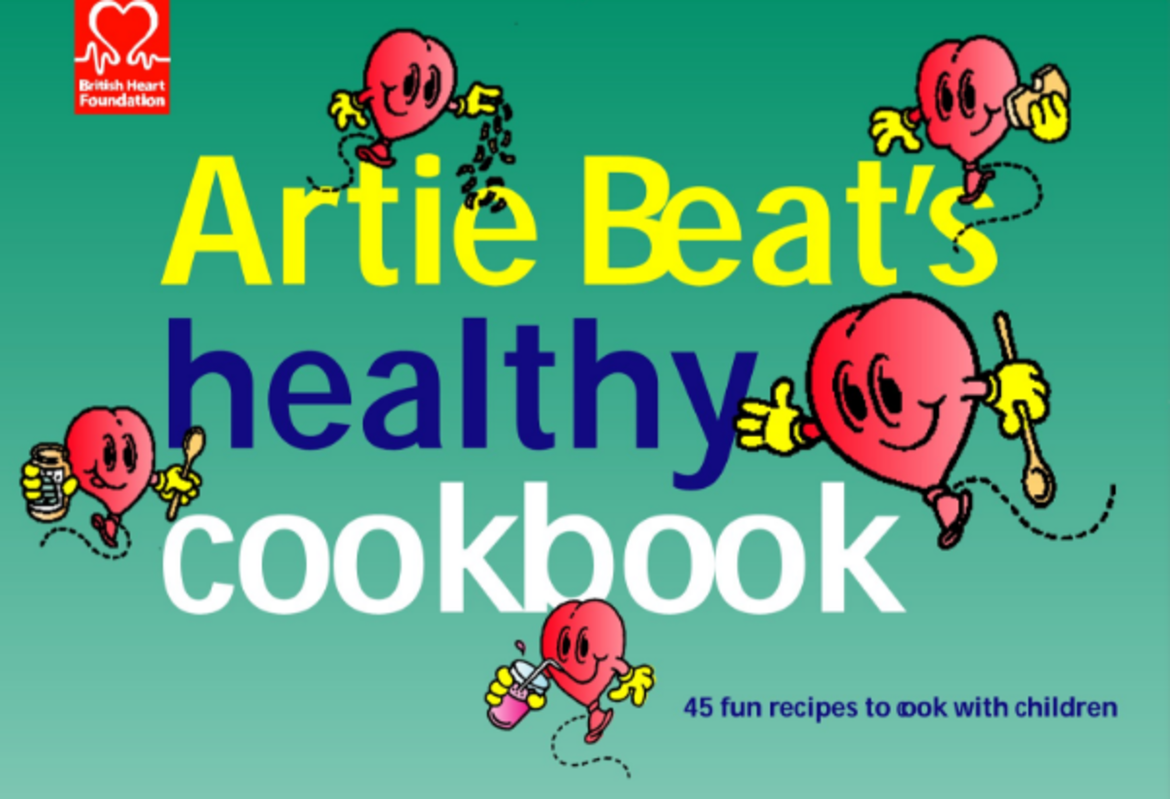 Red cartoon hearts on the cover titled; Artie beats healthy cookbook 