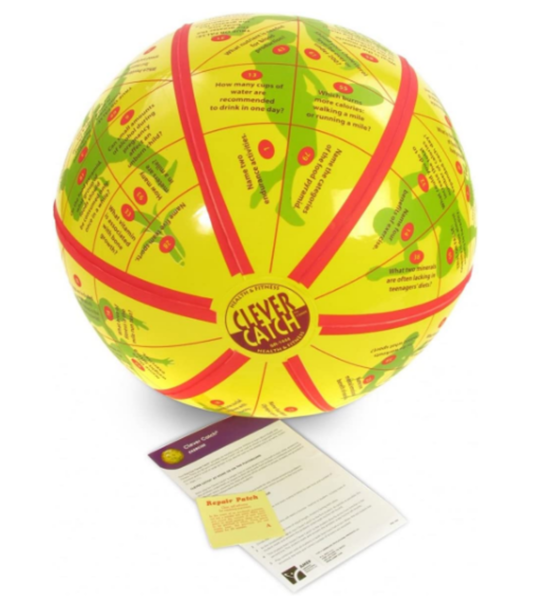 Colourful blown up ball with questions relating to health and fitness. 