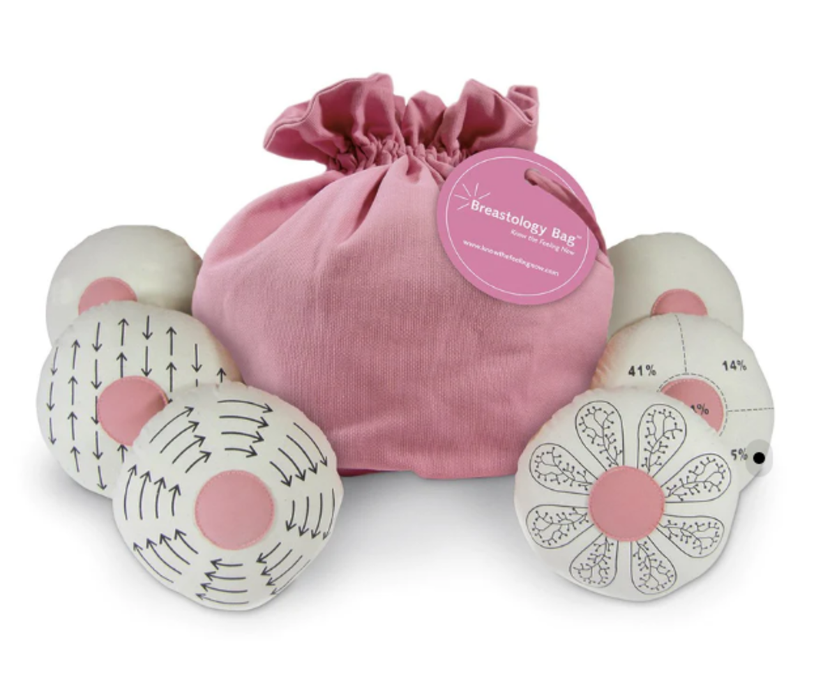 Pink drawstring bag with size individual models to demonstrate frequent lumps found.