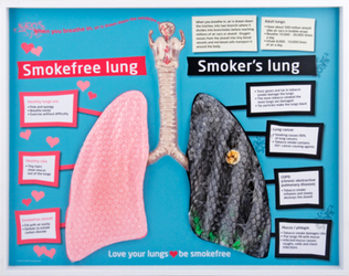 healthy lung and a lung that is black from tar, the background explains differences between the lungs. 