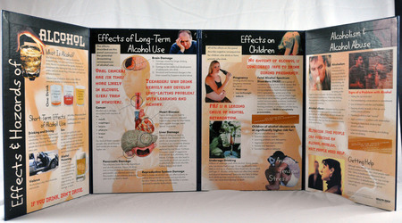 four page A3 display board, covering long term effects. effects on children and alcohol abuse