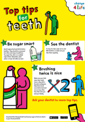 cartoon food items and characters giving tips for your teeth 