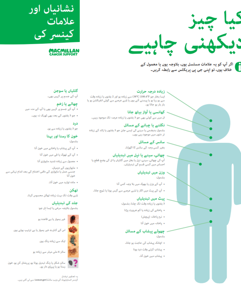 green and white Macmillan credit card sized leaflet