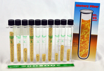 Ten test tubes showing fibre contents in a variety of foods. 