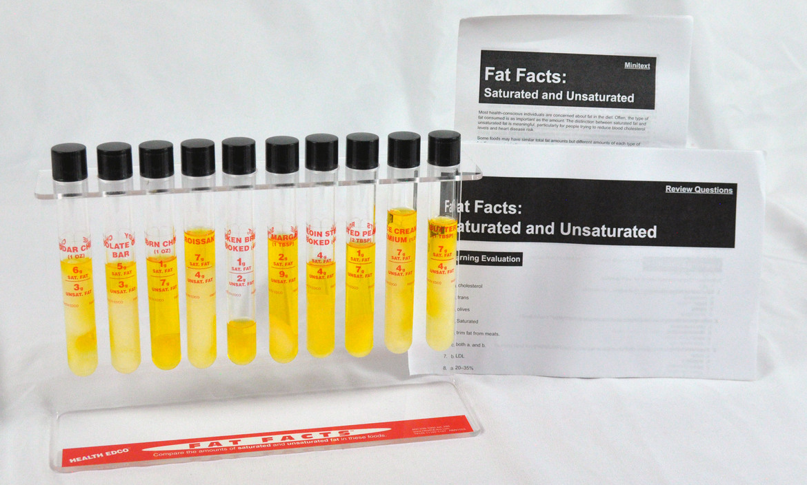test tubes showing how much saturated/unsaturated fats are in foods