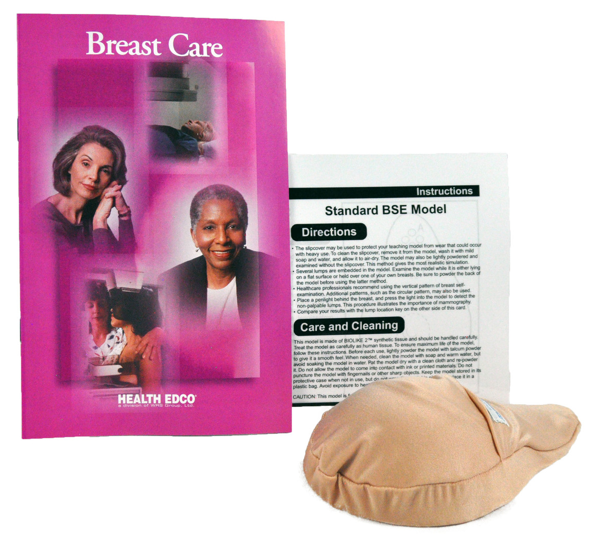beige model of breast with information guide