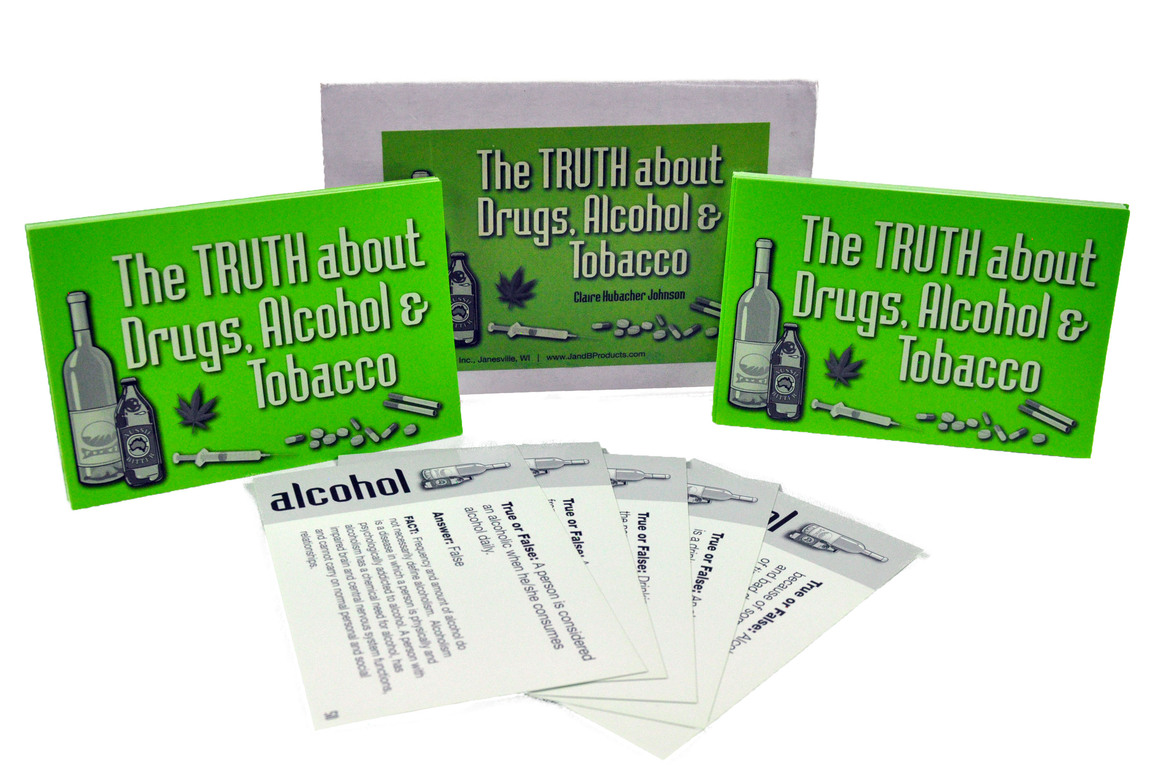 Green cards with common alcohol drinks, pills and cigarettes. The question cards are displayed in front 