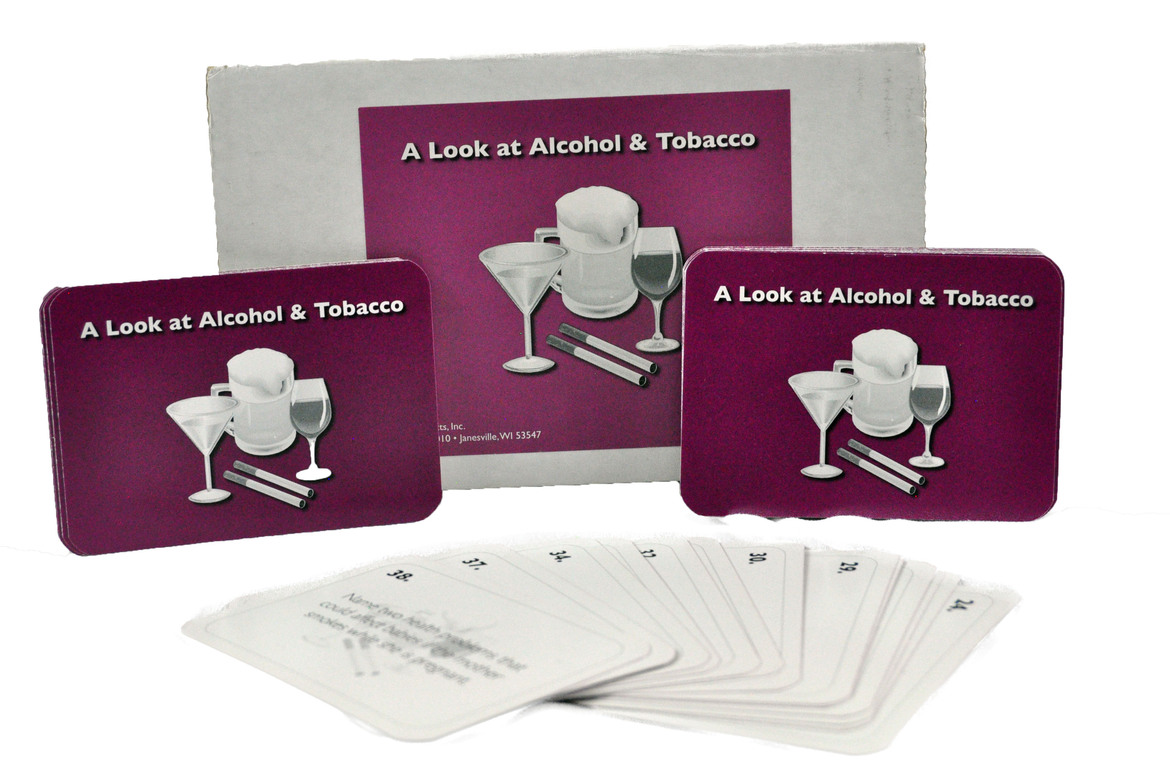 cards with popular alcohol drinks and a cigarette with questions displayed in front 