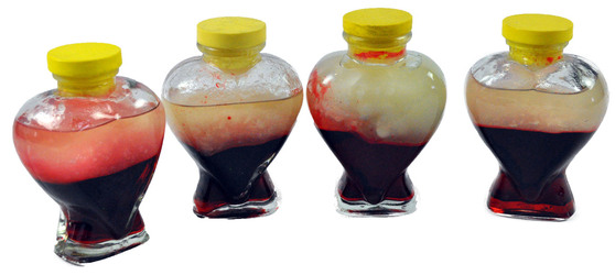 heart shaped bottle with simulated blood and fat 