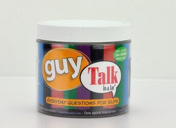 A jar with the label guy talk on the side 