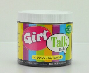 A jar with the label girl talk on the side.