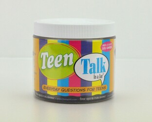A jar with the label teen talk on the side. 
