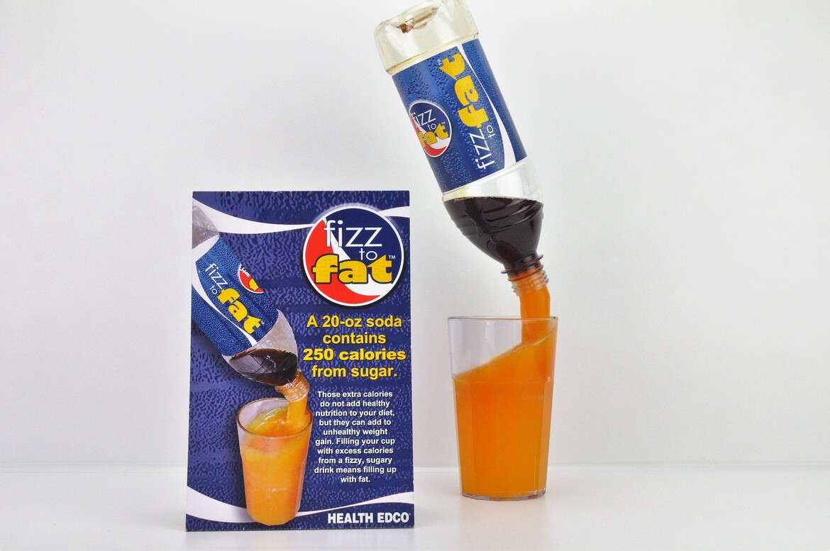 Variety of sugary drinks with calorie intake information