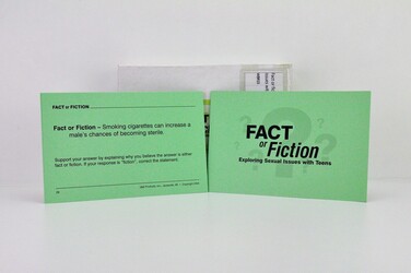 green activity card game with statements that are either fact or fiction. 