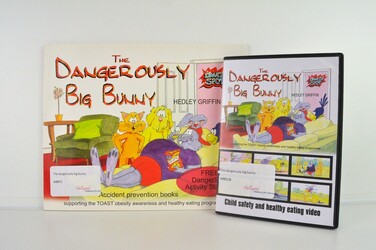 Book with cartoon bunny character laid on sofa eating junk food along side DVD with the same image 