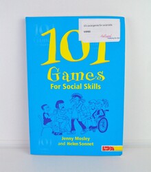 blue book with yellow text, cartoon image with a social group. 