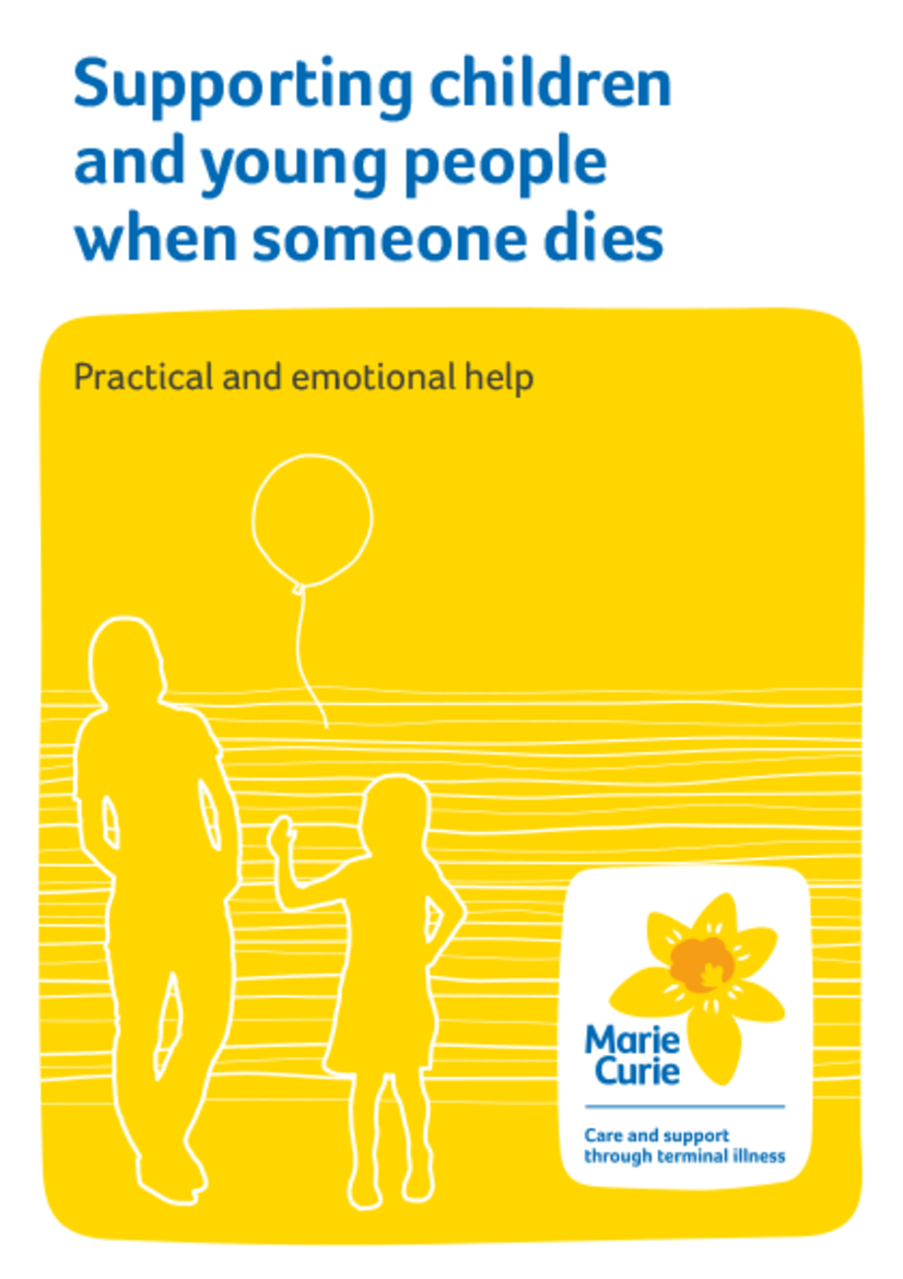 Yellow and white leaflet cover with a white outline of a parent and child 