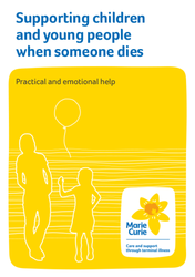 Yellow and white leaflet cover with a white outline of a parent and child 