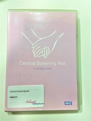 pink DVD cover with a outline of hands holding, titled Cervical screening test, a simple guide 