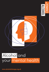Orange and white images of alcohol and silhouette of head 