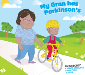 Image showing a Grandparent and Grandchild who is riding a bike outside 