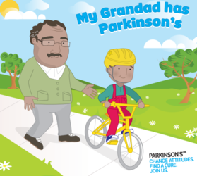 Image showing a Grandparent and Grandchild who is riding a bike outside 