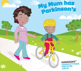 Image shows a parent and child who is riding a bike outside 