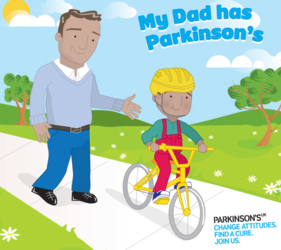 Image shows a parent walking and child who is riding a bike outside 