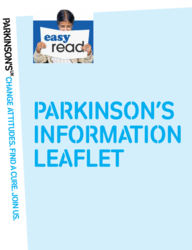 Leaflet showing Parkinson's information leaflet with a young person holding a sign saying easy read 