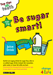 Cartoon juice carton with a sign saying swap me pointing to milk and water, titled be sugar smart.