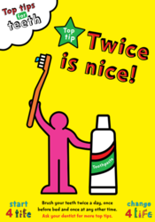 Cartoon person holding toothbrush in the air with toothpaste next to them, yellow background titled Twice is nice 