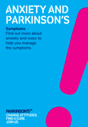 Pink exclamation mark leaflet titled anxiety and parkinsons 
