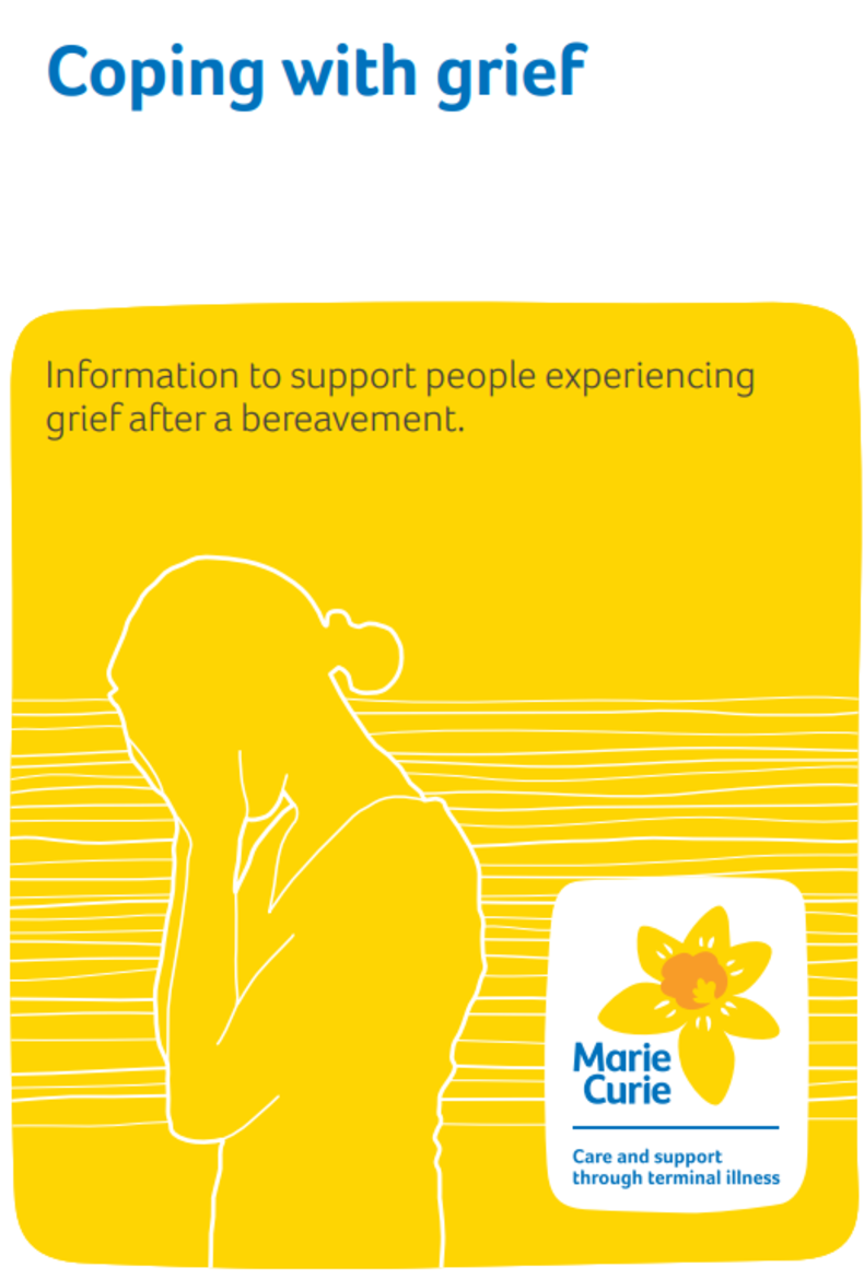 yellow and white information leaflet titled coping with grief 